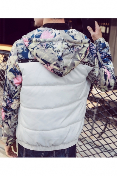 Men's Fashion Floral Pattern Contrast Long Sleeves Zippered Hooded Quilted Jacket with Pockets