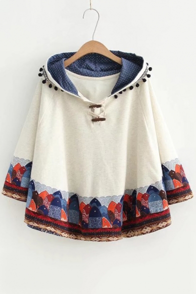 New Arrival Cute Batwing Fish Print Pom Pom Detail Hooded Cape