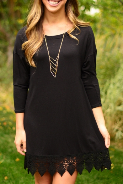 New Trendy Round Neck Long Sleeve Lace Panel Hem Simple Plain Mini Dress
