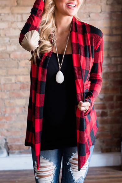 Popular Checkered Plaids Open Front Asymmetric Hem Long Sleeves Patched Elbows Coat