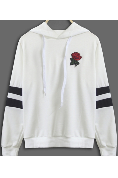Popular Floral Embroidery Striped Long Sleeves Pullover Hoodie with Drawstring