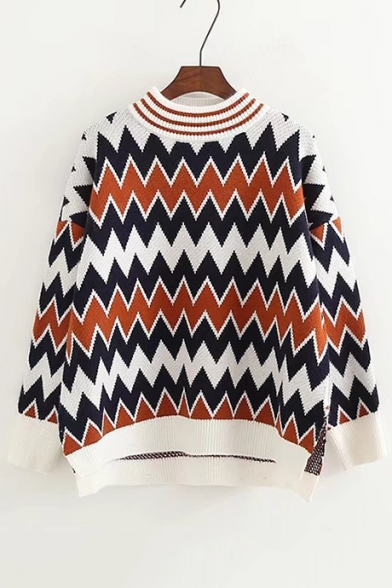 Retro Chevron Pattern Long Sleeve High Low Hem Loose Pullover Sweater