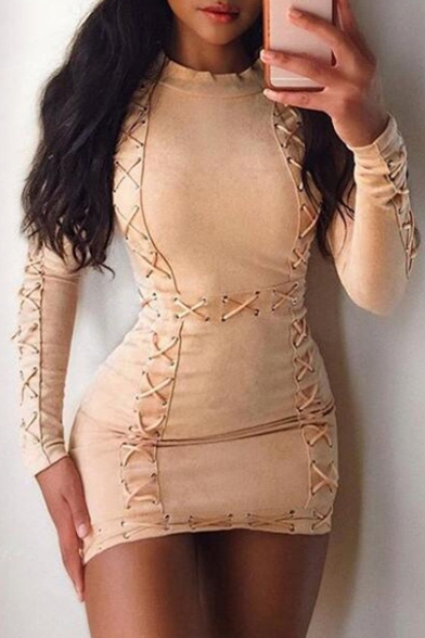 Sexy Collared Long Sleeve String Detail Mini Bodycon Dress