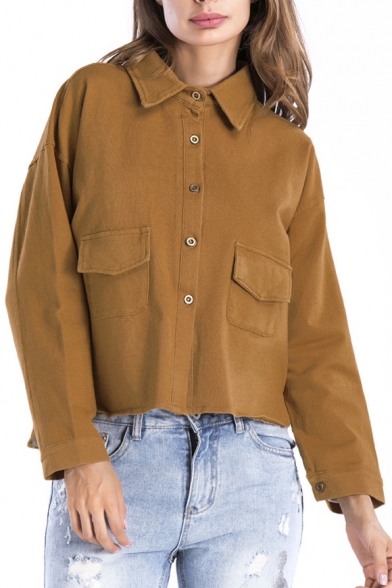 Simple Plain Lapel Long Sleeve Buttons Down Comfort Jacket