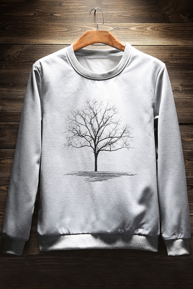 Simple Tree Print Round Neck Long Sleeve Joker Leisure Pullover Sweatshirt