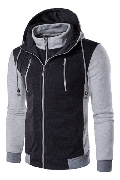 Simple Zipper Detail Color Block Long Sleeves Casual Hoodie with Pockets