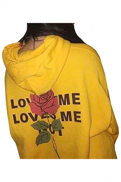 Stylish Floral Letter Printed Long Sleeves Pullover Hoodie with Drawstring