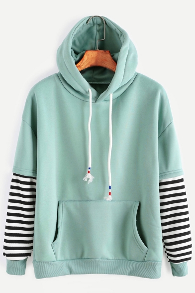 Stylish Striped Layered Long Sleeves Color Block Long Sleeves Pullover Hoodie with Pocket