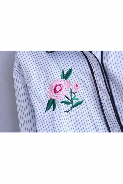 Trendy Lapel Striped Floral Embroidery Button Down Long Sleeves Shirt