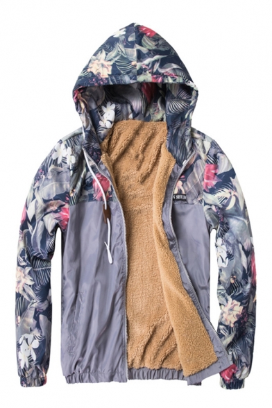 Unisex Floral Pattern Contrast Long Sleeves Elastic Waist Zippered Hooded Fur Padded Jacket