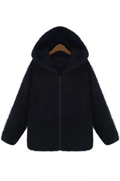 Winter's Warm Simple Plain Long Sleeve Zip Up Hooded Coat