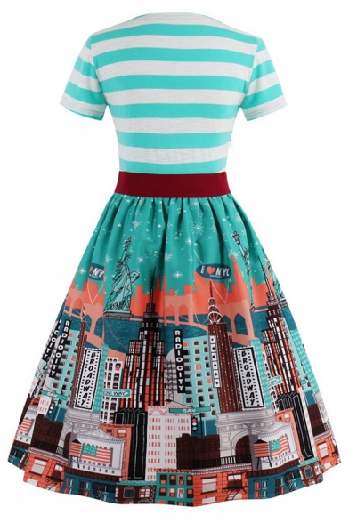 Beach Bow V Neck Short Sleeves Belted Houses City Pattern Striped Flared Midi Dress