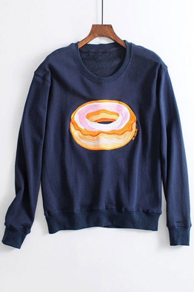 Causal Embroidery Doughnut Pattern Round Neck Long Sleeve Pullover Sweatshirt