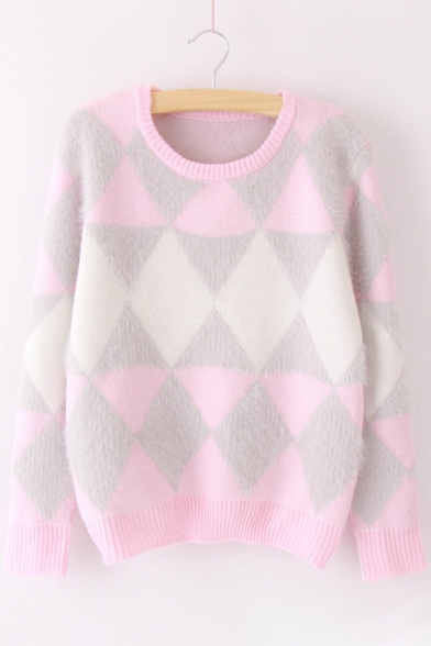 Chic Color Block Rhombus Print Round Neck Long Sleeve Pullover Sweater