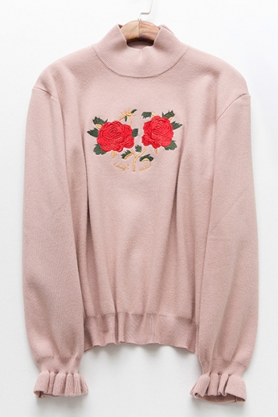 Chic Long Sleeve Embroidery Floral Pattern Pullover Sweater