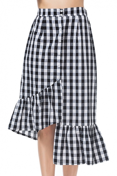 Classic Plaid Button Down Ruffle Hem Asymmetric Skirt