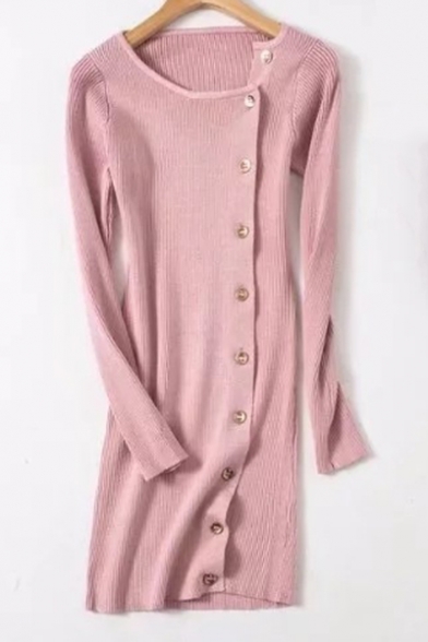 Fashion Button Side Simple Plain Long Sleeve Round Neck Slim-Fit Tunic Sweater