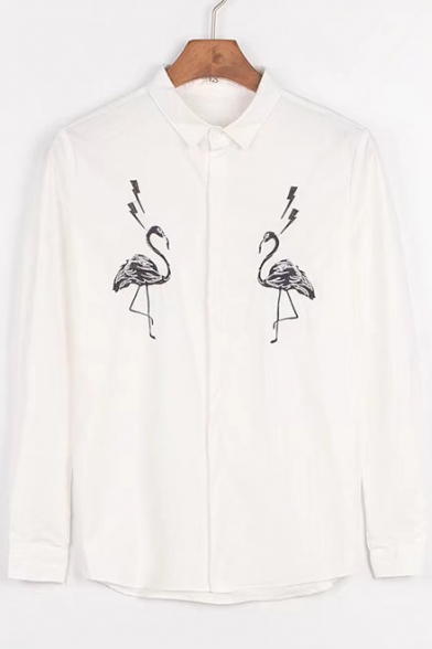 Fashionable Ostrich Embroidered Long Sleeve Button Down Shirt