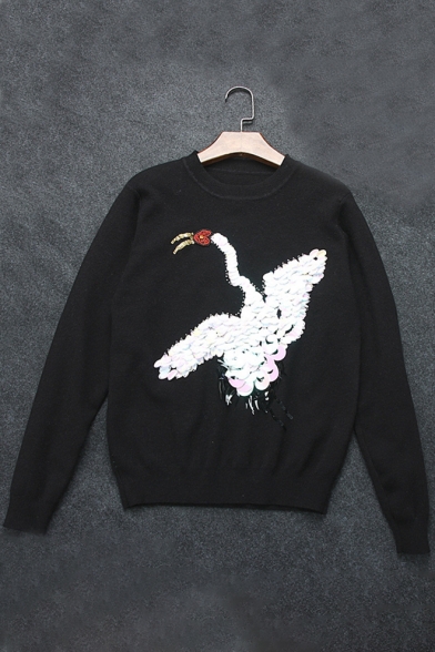 Fashionable Sequined Swan Pattern Long Sleeve Round Neck Pullover Sweater