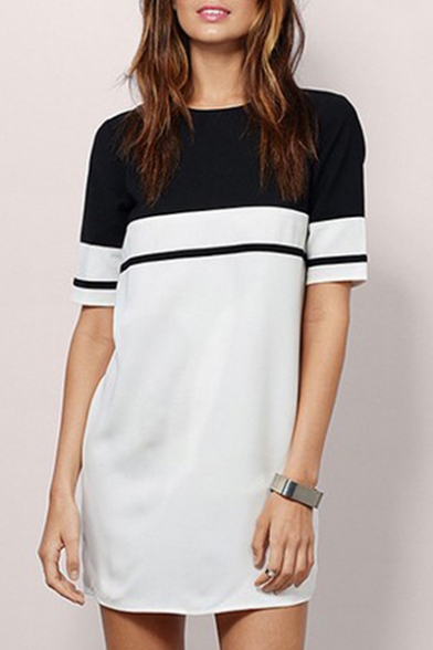 Natural Color Block Short Sleeves Round Neck Zip-Back Mini Shift Dress