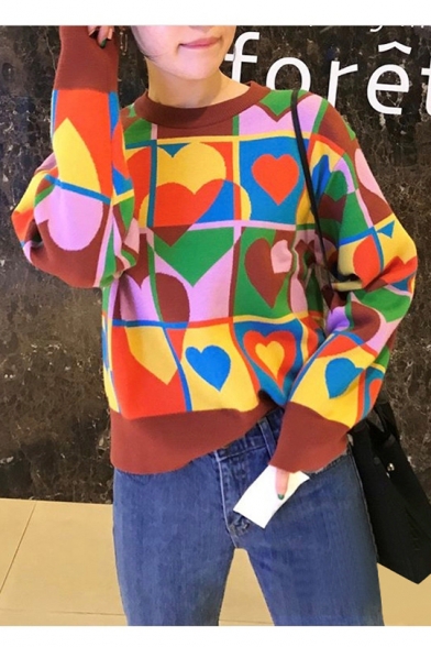 New Arrival Color Block Heart Print Round Neck Long Sleeves Sweater