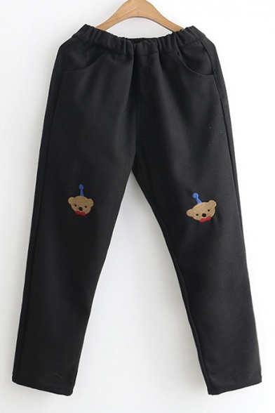 New Stylish Cartoon Bear Embroidered Elastic Waist Pants
