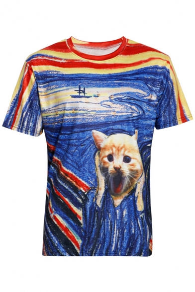 New Stylish Colorful Painting & Cat Print Round Neck Short Sleeves Tee