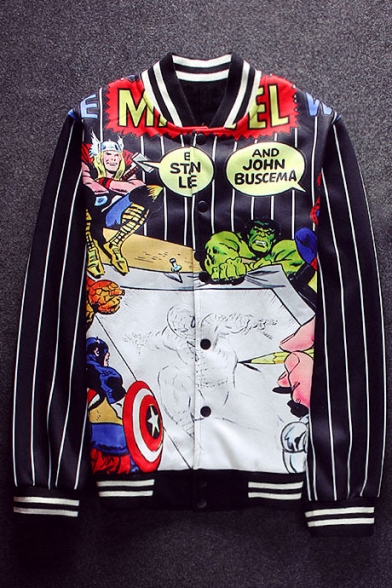 

Popular Comic Cartoon Pattern Striped Long Sleeves Button Down Baseball Jacket