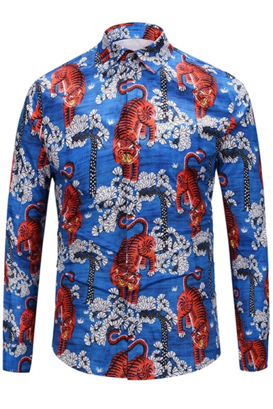 Popular Tiger Floral Printed Point Collar Long Sleeves Button Down Shirt