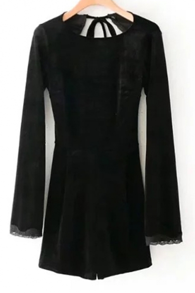 Sexy Open Back Long Sleeve Simple Plain Lace Panel Velvet Rompers