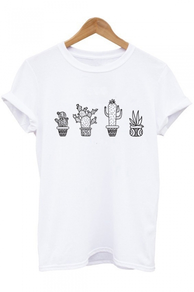 Simple Cactus Plants Printed Round Neck Short Sleeves Casual T-shirt