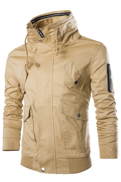 Simple Plain Long Sleeve Zipper Leisure Jacket with Flap Pocket