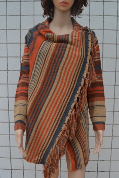 Stylish Striped Pattern Long Sleeves Cowl Neck High Low Hem Wrapped Cardigan with Tassels