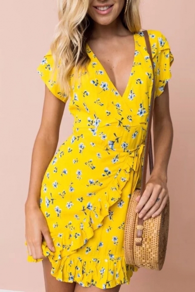 Summer Collection V-Neck Short Sleeves Allover Floral Pattern Wrap Bow Front Ruffle Hem Tulip Mini Dress