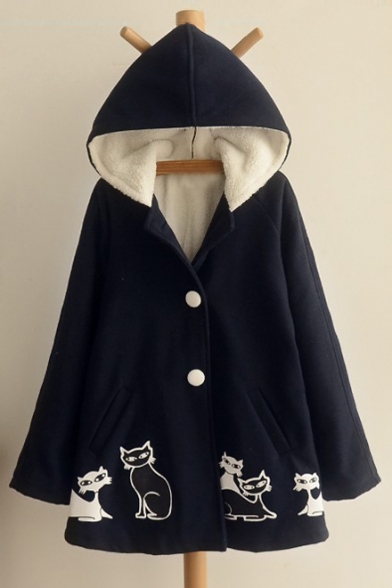 Trendy Cats Printed Faux Fur Padded Hooded Winter Cape with Double Buttons & Pockets
