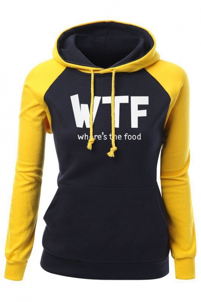 Trendy WTF Letter Printed Color Block Long Sleeves Pullover Slim-Fit Hoodie with Pocket