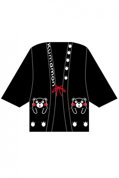 Adorable Bear Cartoon Printed Half Sleeves Tie-Front Kimono Top