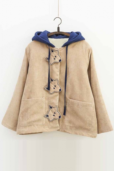 Adorable Fox Wolf Pattern Button Down Long Sleeves Fur Padded Color Block Hooded Coat with Pockets