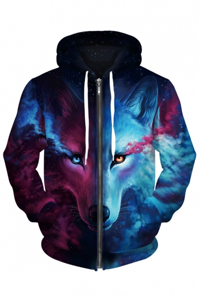 Casual Contrast Wolf Pattern Long Sleeves Zippered Hoodie with Pockets
