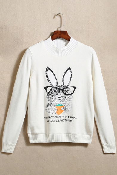 Chic Cartoon Rabbit Letter Print Long Sleeve Pullover Sweater