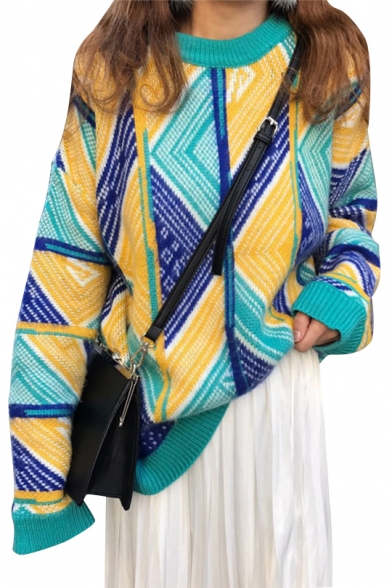 Chic Color Block Print Loose Round Neck Long Sleeve Pullover Sweater