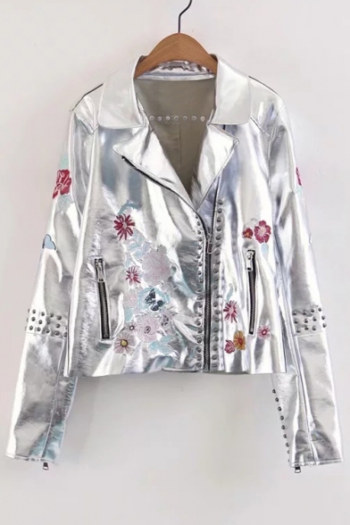Chic Floral Embroidery Notched Lapel Long Sleeves Zippered Biker Jacket with Rivets