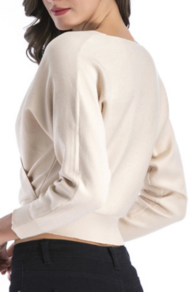 Chic Long Sleeve Wrap Front Simple Plain Cropped Pullover Sweater