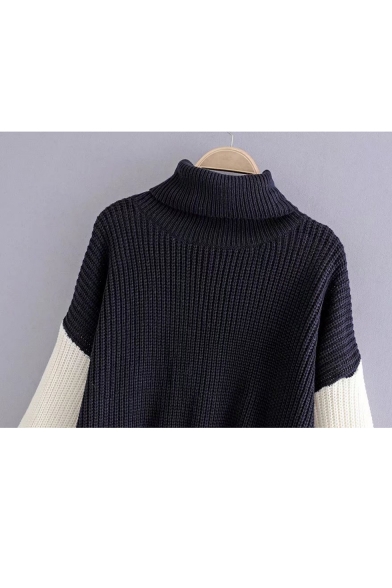 Chic Turtleneck Long Sleeve Color Block Print Pullover Sweater