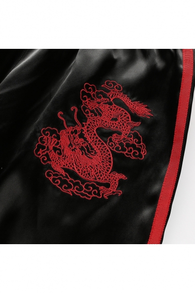 Chinese Style Dragon Embroidery Striped Side Elastic Waist & Ankle Loose Leg Joggers Pants
