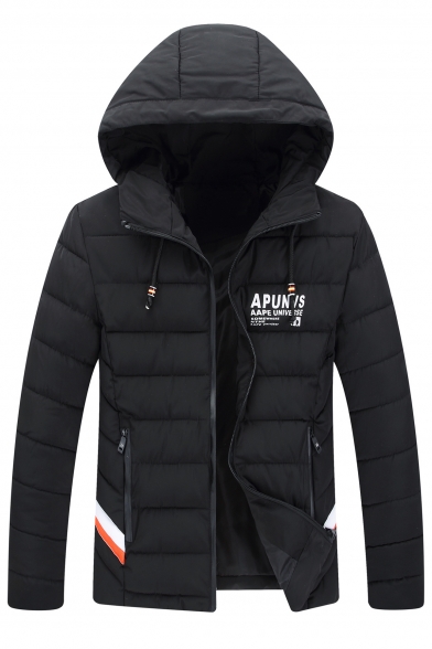 Classic Long Sleeves Zip Up Letter Pattern Warm Padded Coat with Pockets