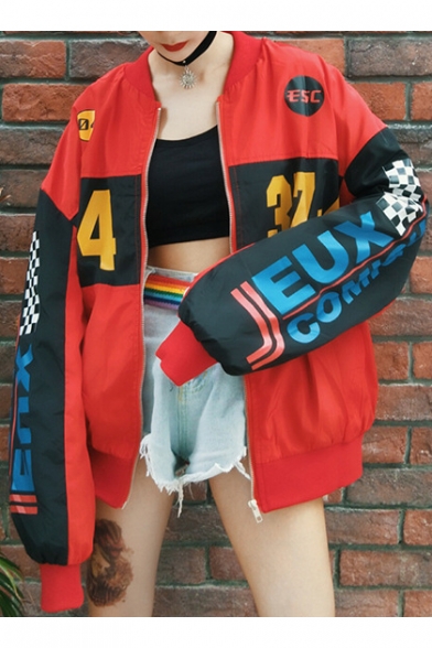Color Block Letter Print Zip Up Stand-Up Collar Long Sleeve Jacket