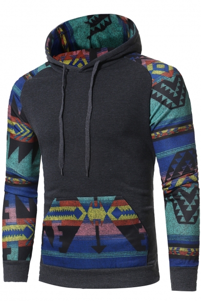 Ethic Tribal Random Geometric Pattern Color Block Long Sleeves Pullover Men's Hoodie with Pocket
