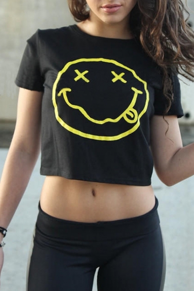 Fashion Happy Face Print Short Sleeve Round Neck Cropped Tee