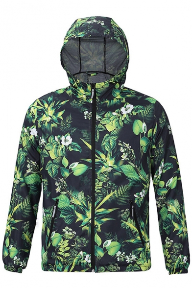 Fashion Print Long Sleeve Zipper Hooded Windproof Waterproof Coat